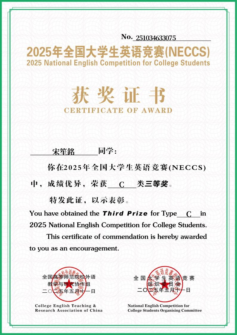 大英赛获奖证书